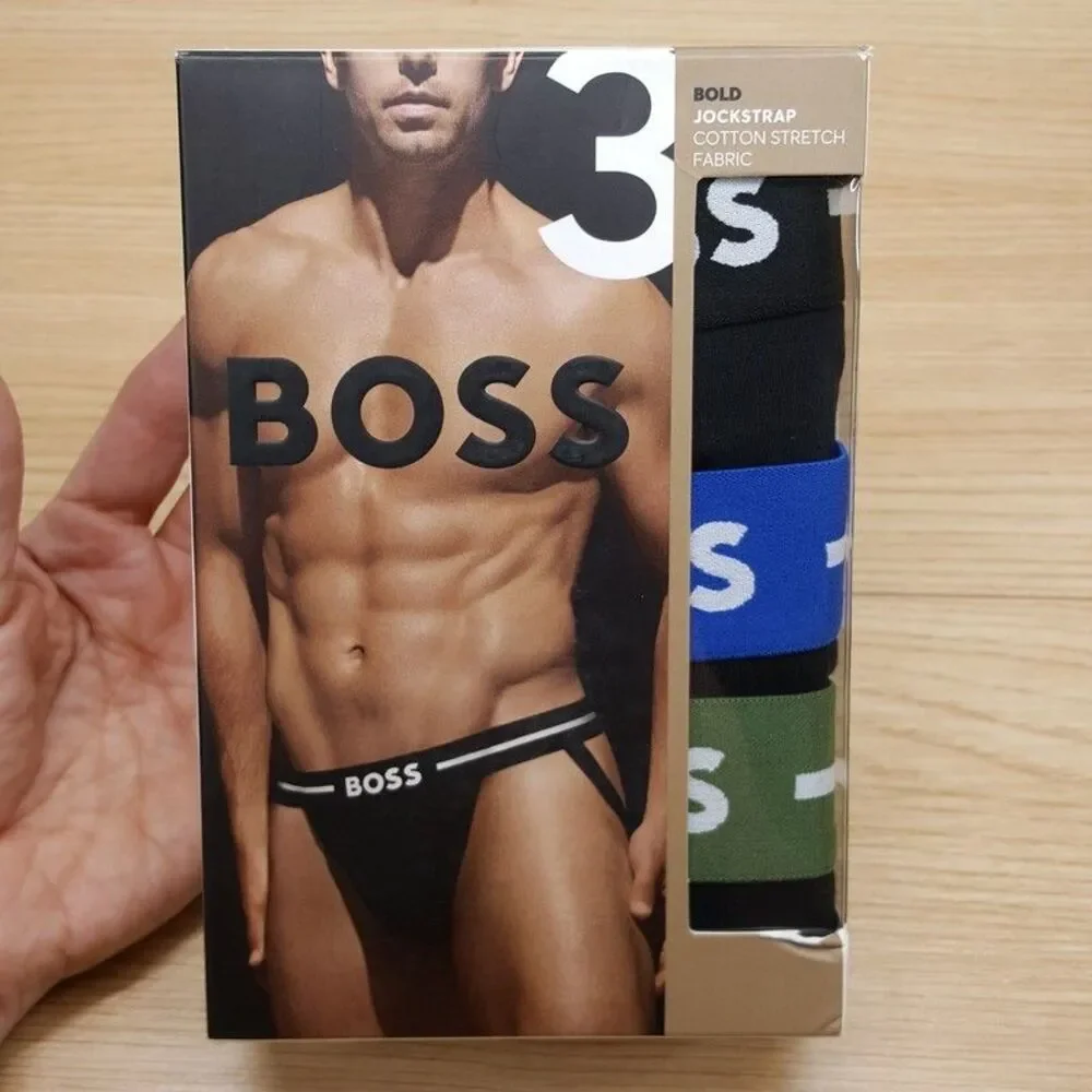 HUGO BOSS Jock Strap Mens XL Black 3-Pack Cotton Blend Logo Jockstrap